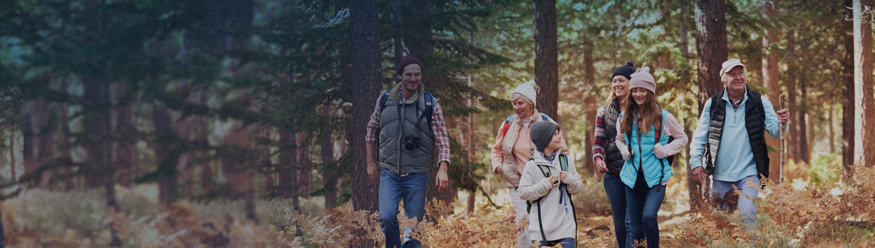 A family walks outside in the woods.